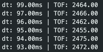 Serial output showing time between TOF readings